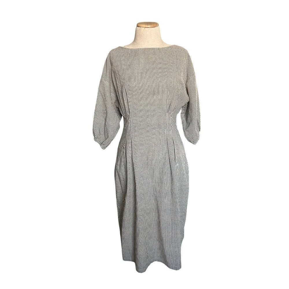 St. Agni Womens Sz Medium Linen Midi Forme Dress Brown Checkered Cotton - Picture 2 of 14